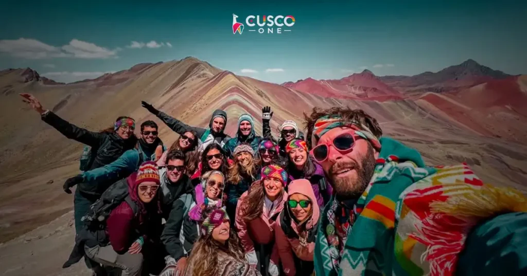 Group of travelers at Rainbow Mountain in Peru